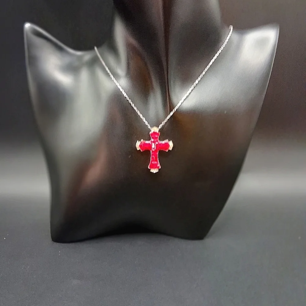 🔥Reduced! Invisibly Set Created Ruby Cross In Rhodium over Silver 2.0 ctw